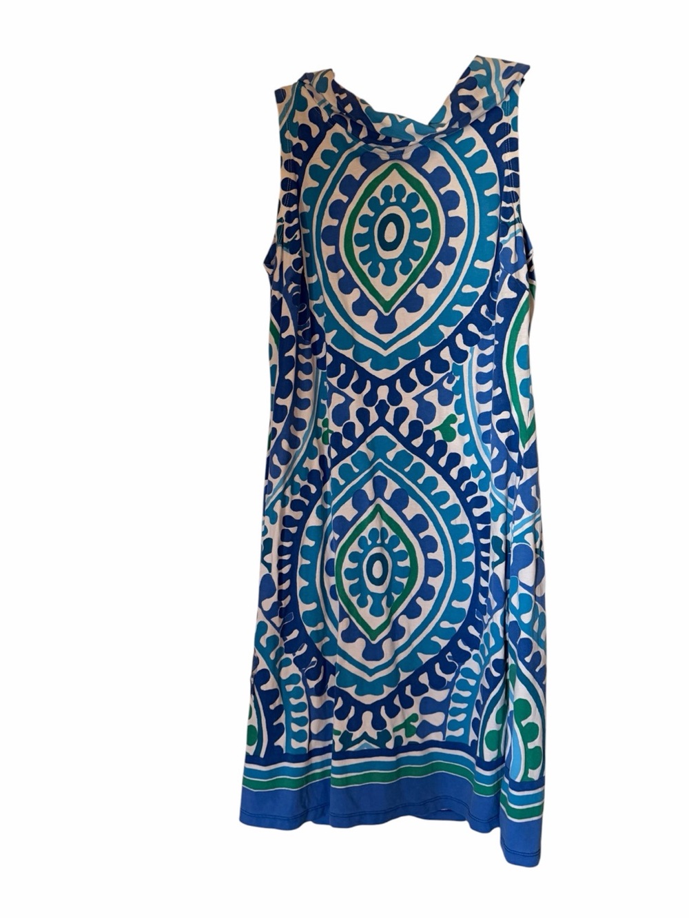 Blue & Teal Sleeveless Patterned Shift Dress. SZ M. Excellent condition